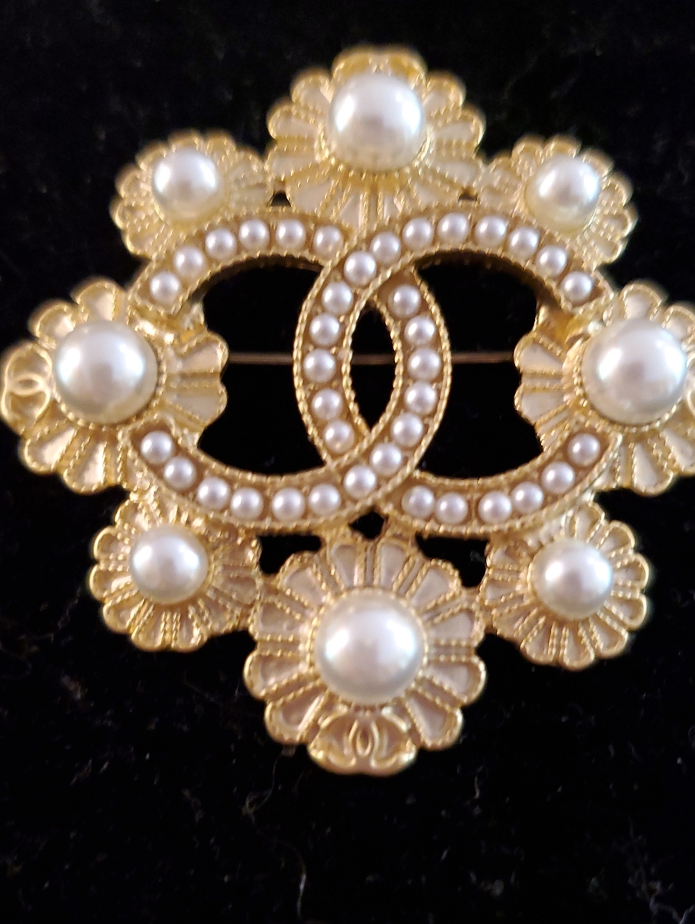 Chanel Gold Pearl Floral Logo Brooch -